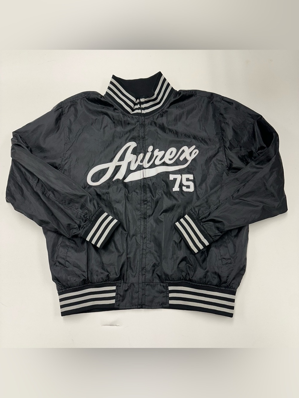 Vintage Avirex 75 Bomber Baseball Varsity Jacket Mens XL Black Hip-Hop 90’s
